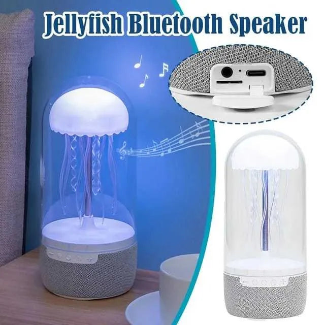 White 3-in-1 Bluetooth speaker jellyfish lamp with LED lights on a desk