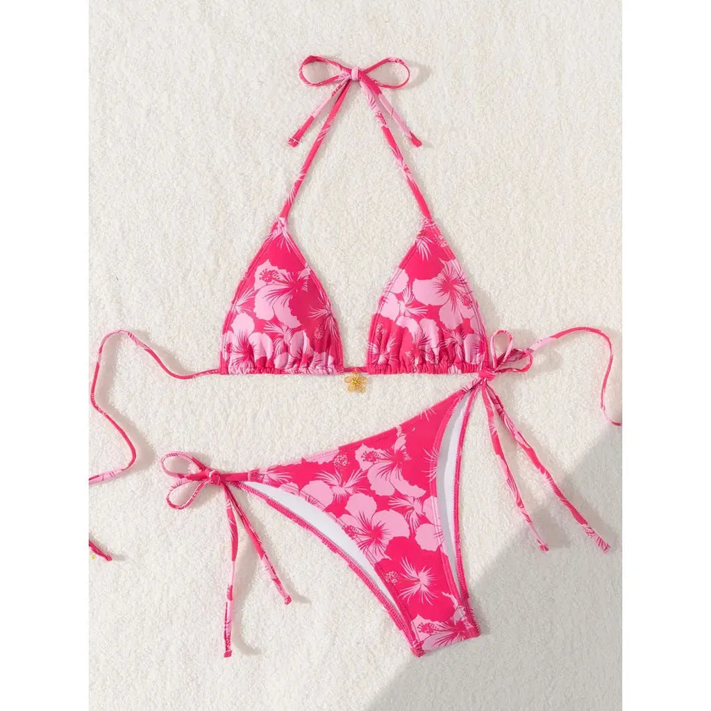 Women's camouflage halter bikini two-piece set in solid colour with adjustable ties, size range XS to 5XL