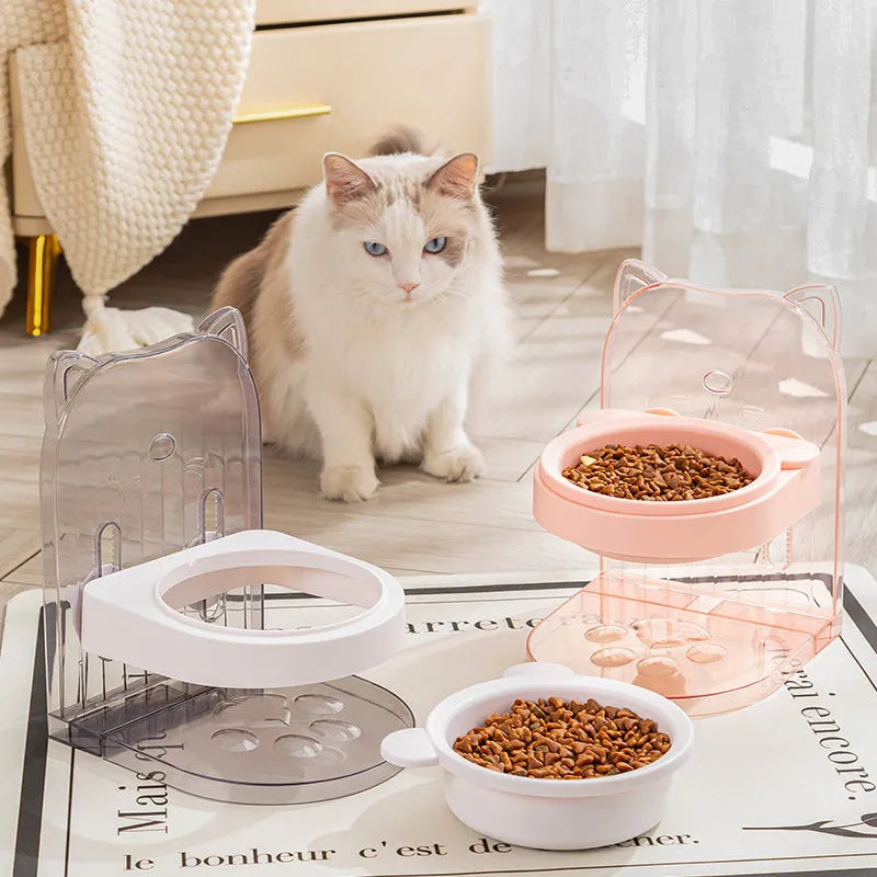 Grey pet bowl with cat ears design featuring adjustable height and anti-spill construction