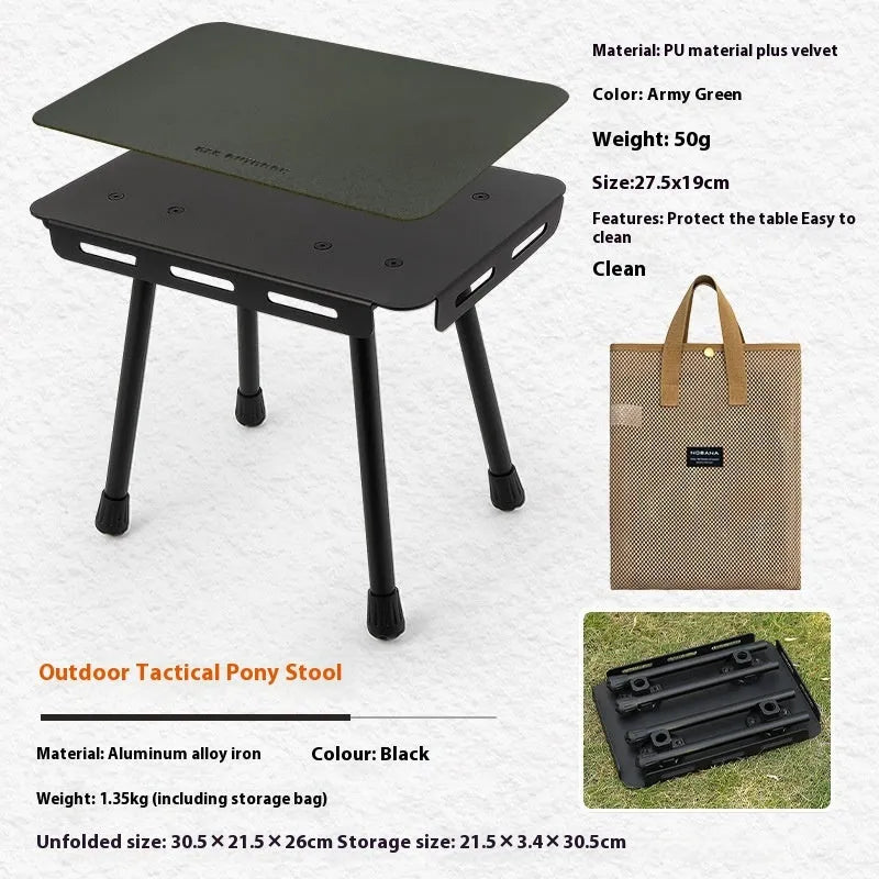 CLS aluminium folding camping stool shown in dual-use mode as a seat and small table with storage bag.