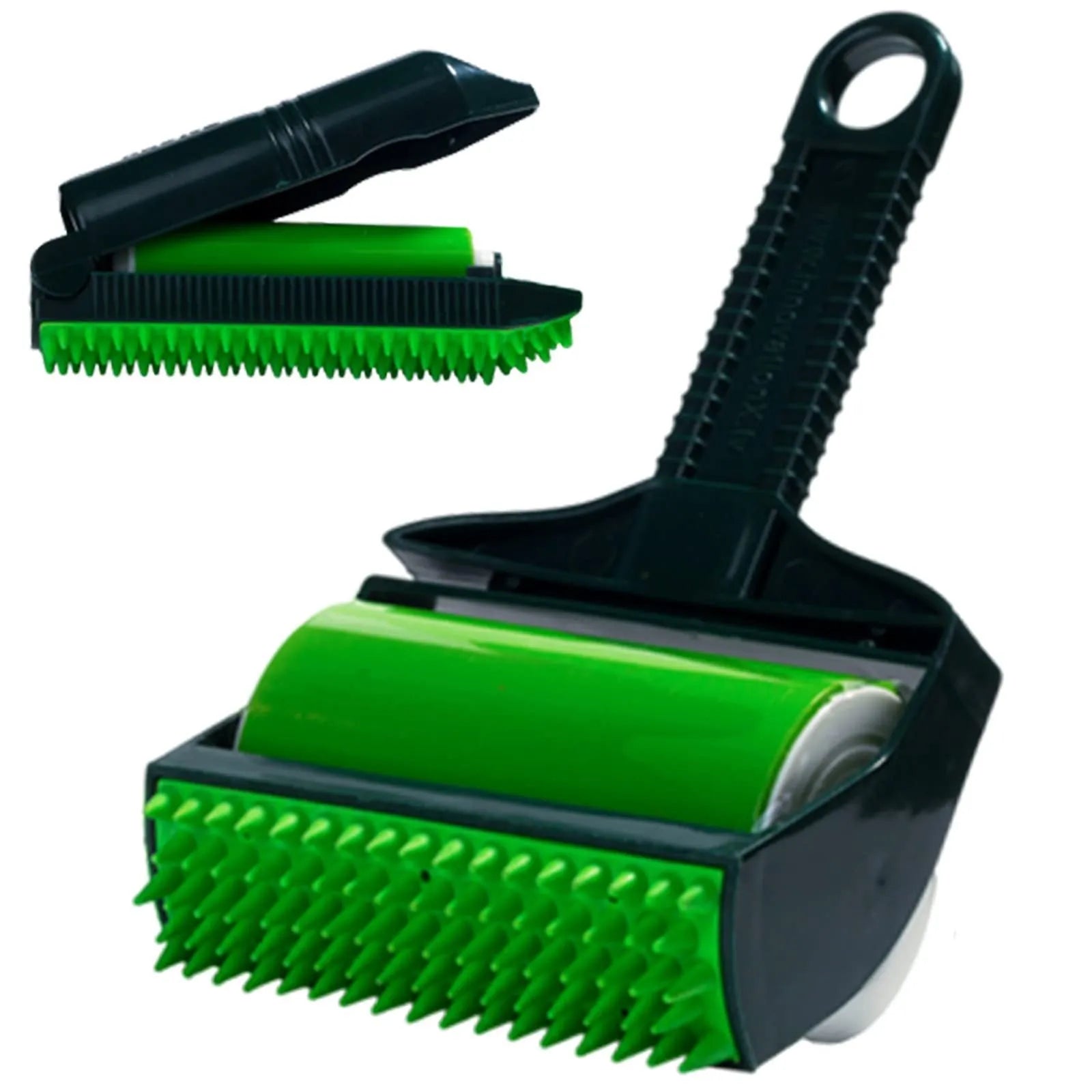 Portable washable hair remover with green and yellow adhesive rollers for pet hair and lint