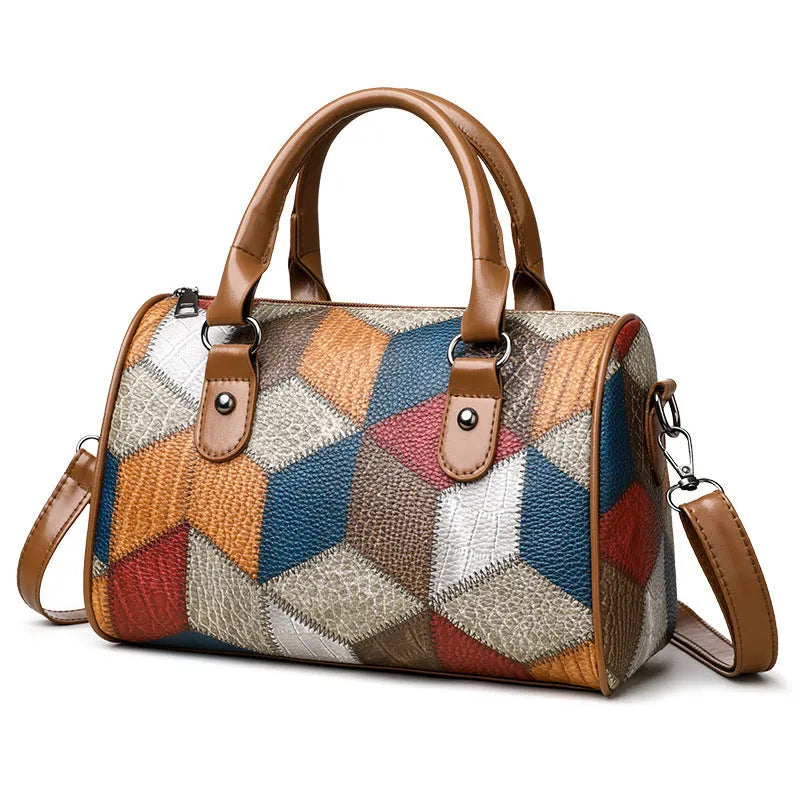 Fashion colour contrast plaid geometric pattern commuter crossbody bag in black PU material cylinder shape with rhombus element