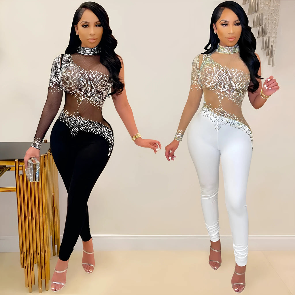 Transparent mesh milk silk one-shoulder jumpsuit with rhinestone stitching and diamond see-through details, tight fit, apricot colour