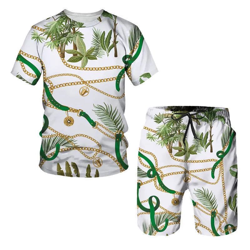 Chain pattern digital print short sleeve t-shirt and matching shorts set for summer.