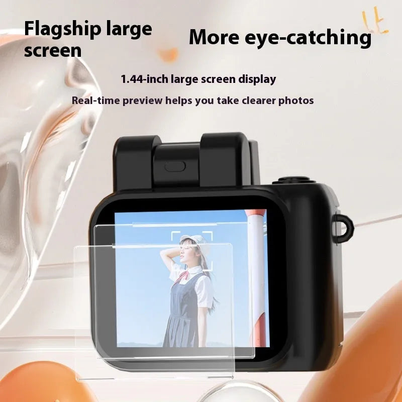 Portable small retro children's camera in black with 1.44 inch LCD screen and ABS body