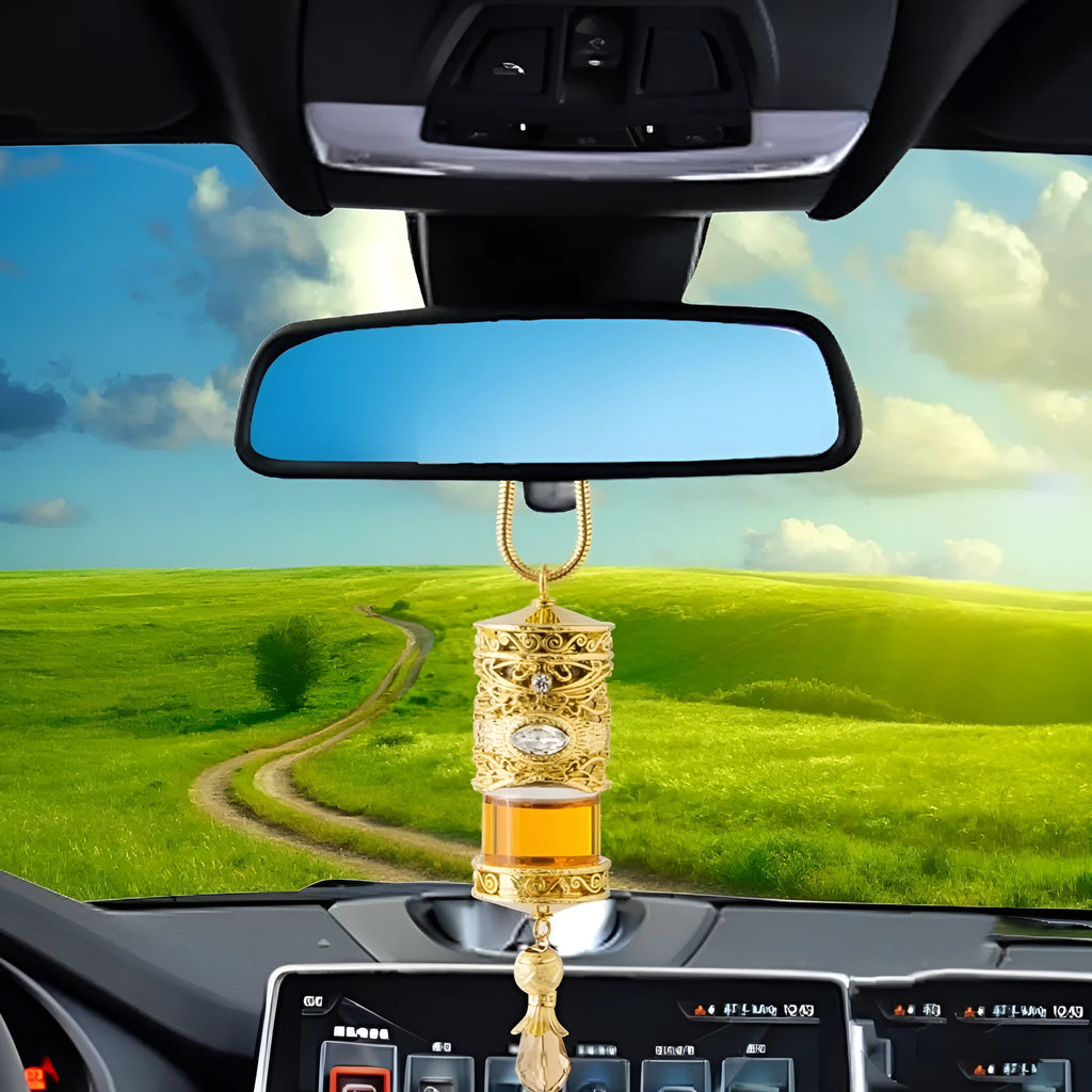 Alloy car suspension hanging pendant with aromatherapy beads, golden magic colour option, on rearview mirror