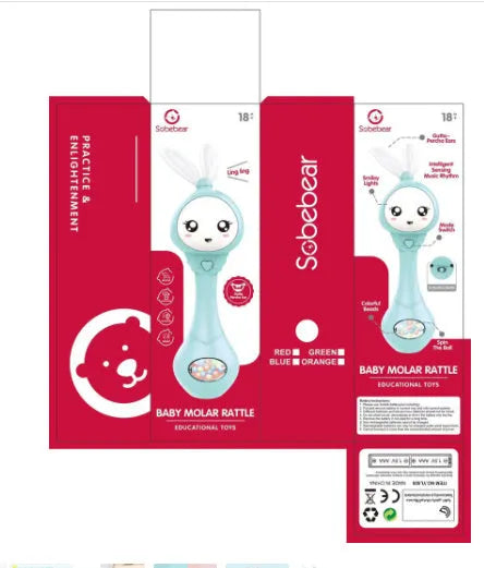 Colourful baby teething toy shaped like a music stick, made from ABS plastic.