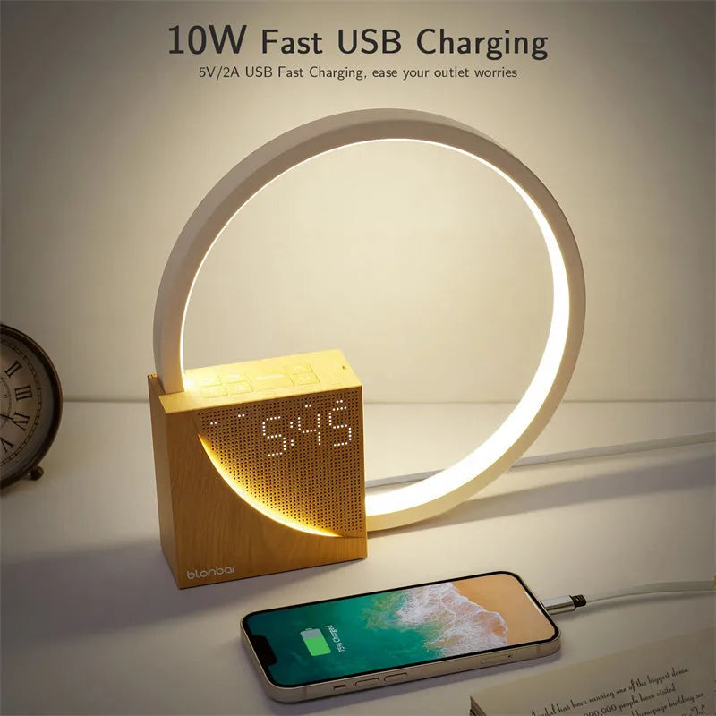 Navy blue touch bedside lamp with digital alarm clock display and natural sounds functions