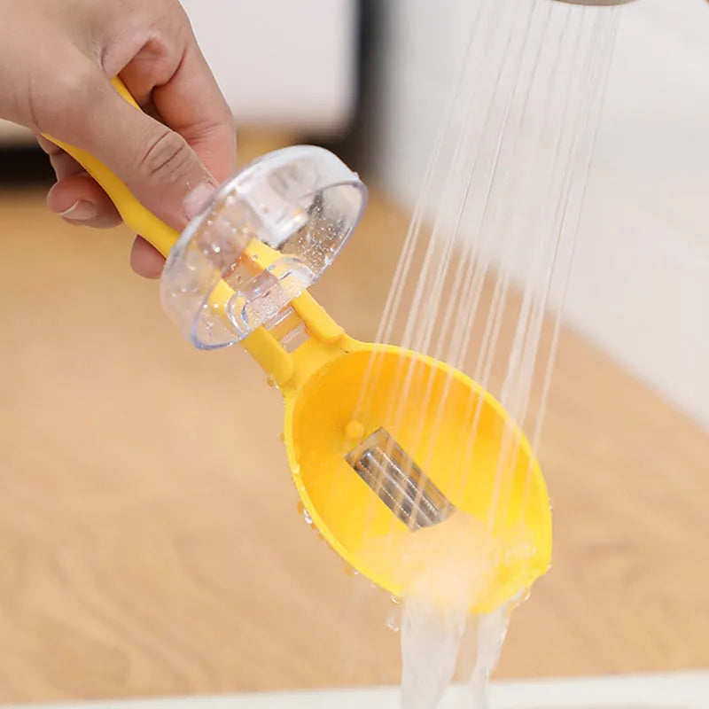 Yellow peeling knife with a storage lid on a kitchen counter