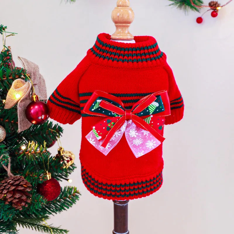 Dog wearing Christmas jumper in red colour, seasonal pet clothing for holiday photos