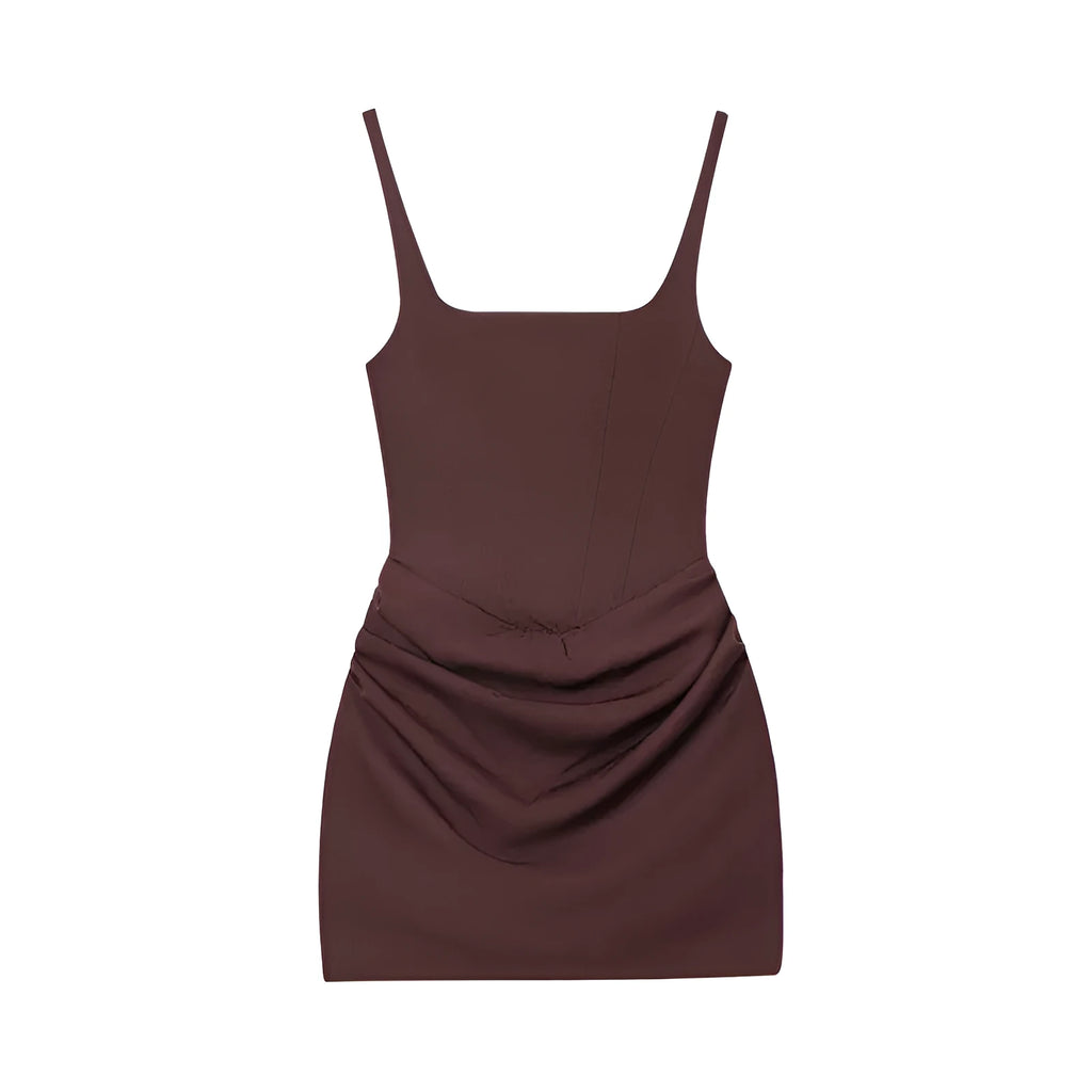 Mercerised cotton hooded sleeveless sheath dress in brown with stripe and plaid pattern and pleated asymmetric hem front view