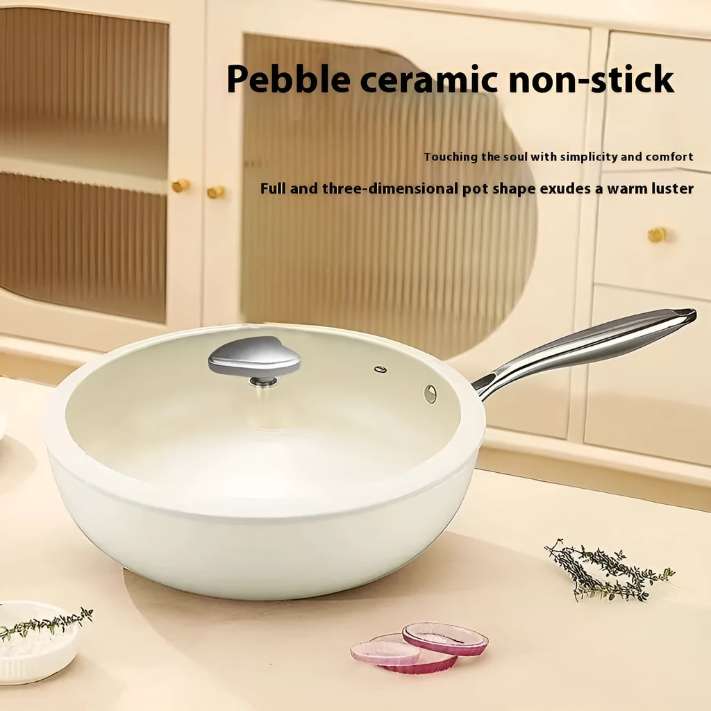 28cm household pebble ceramic non-stick stir fry pan with stainless steel glass lid
