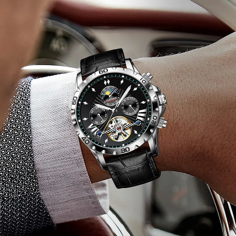 Men's automatic mechanical watch with hollowed-out dial, silver case, green circle, and black leather strap