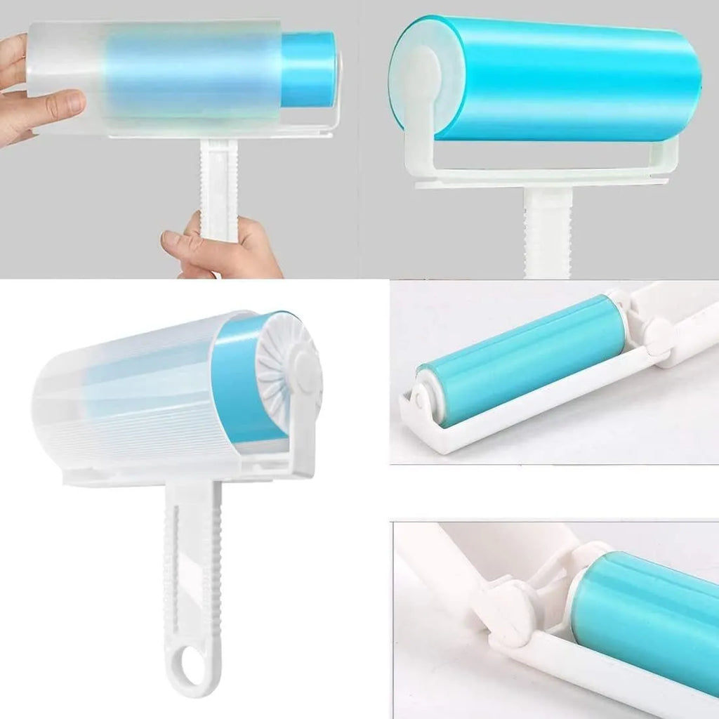 Blue washable reusable lint roller with cover for removing pet hair from clothes and sofas