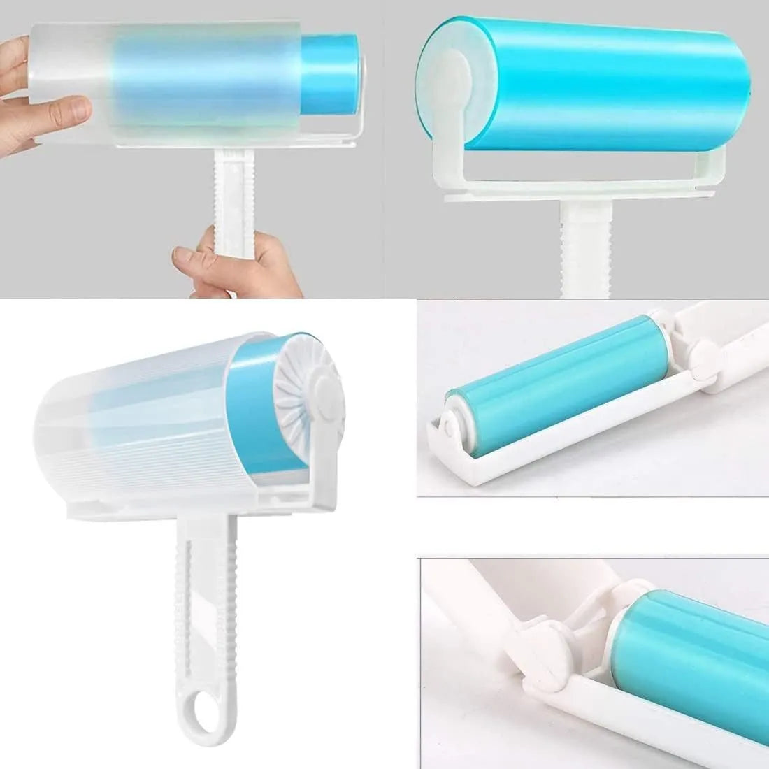 Blue washable reusable lint roller with cover for removing pet hair from clothes and sofas