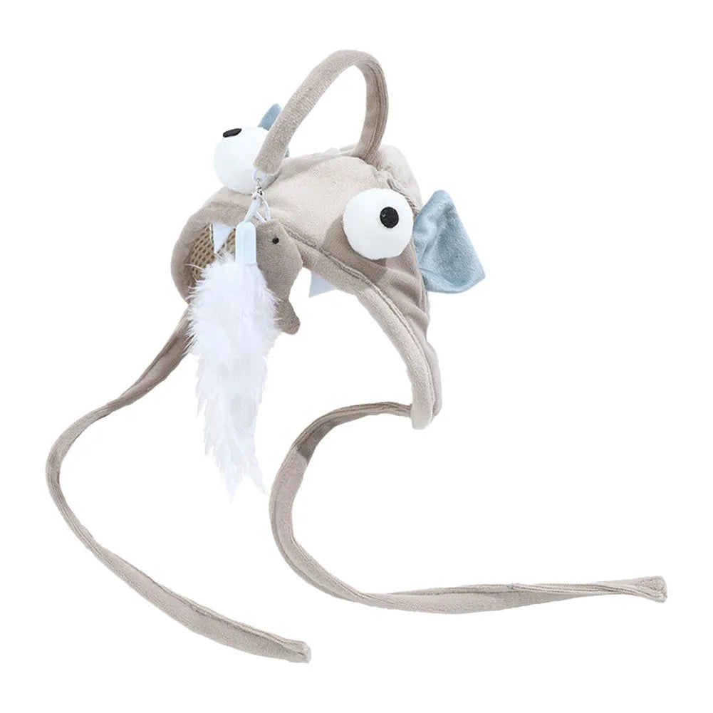 Grey dinosaur-themed head-mounted cat toy with feathers and big eye fish design on adjustable band