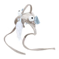 Grey dinosaur-themed head-mounted cat toy with feathers and big eye fish design on adjustable band