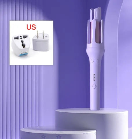 White and pink automatic hair curler with a rotating 32mm ceramic barrel and international plug adapters.