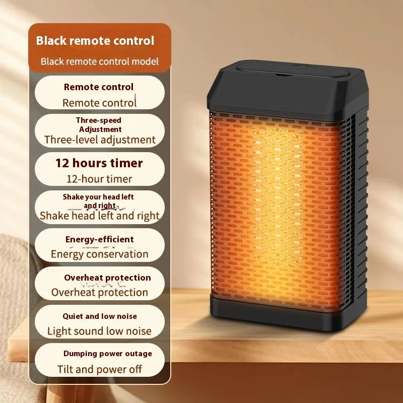Black remote control desktop warm air heater with compact design and oscillating grille.