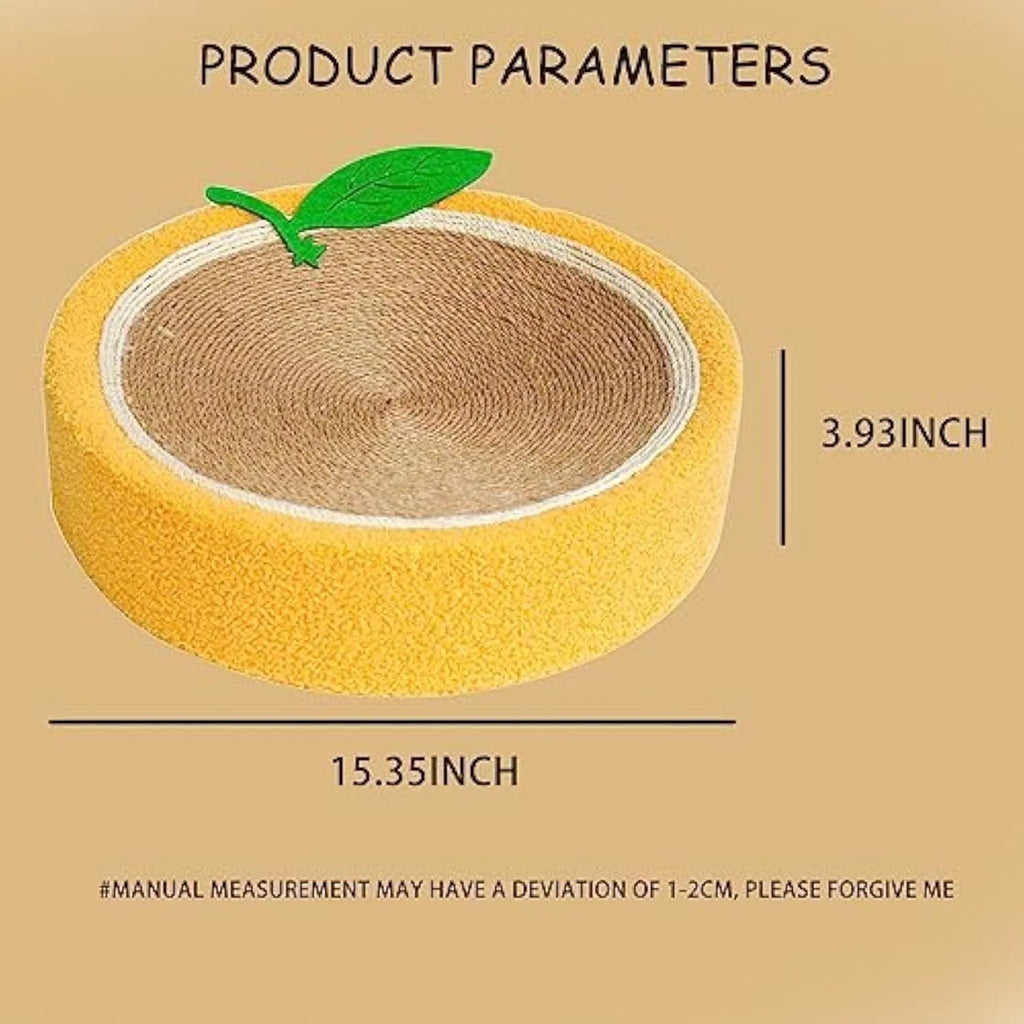 Yellow round sisal cat scratching board and bed with a concave centre for sleeping.