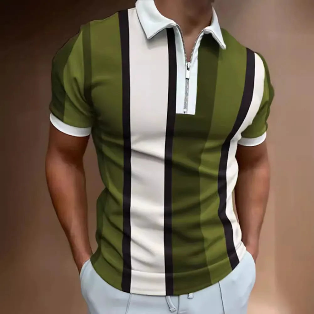 Men's striped short-sleeved polo shirt with slim lapel and zipper details, in multiple colours including white and army green