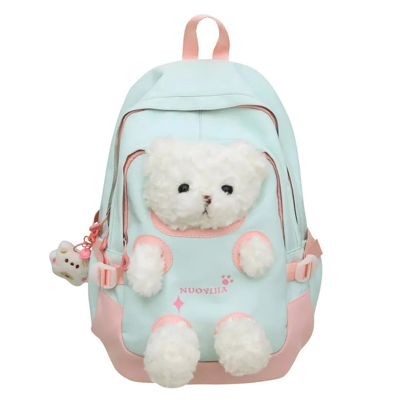 Cute Bear nylon school backpack in macaron colours with curved shoulder straps and 20-35L capacity