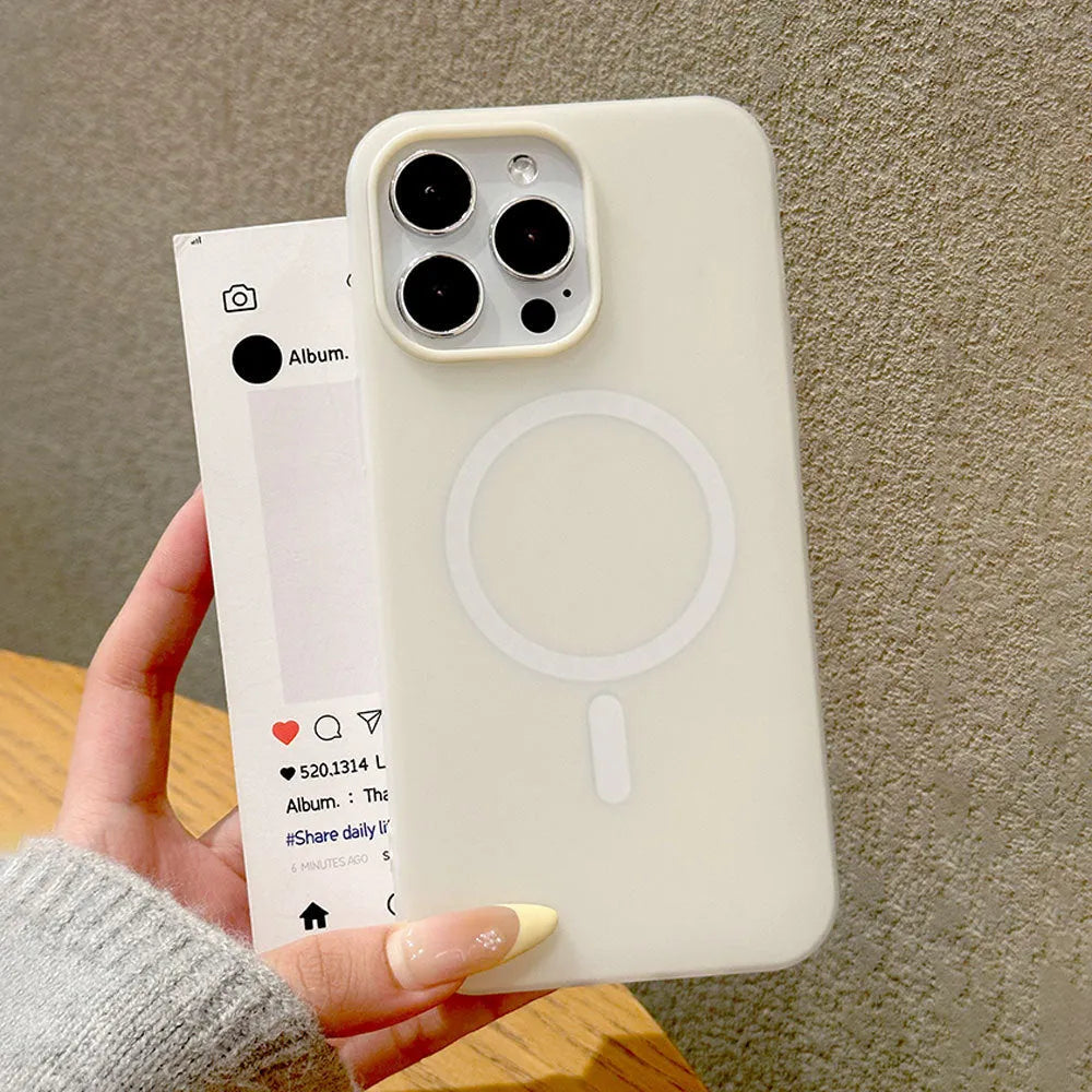 Double-layer magnetic phone case with frosted finish in beige for Apple iPhone 15