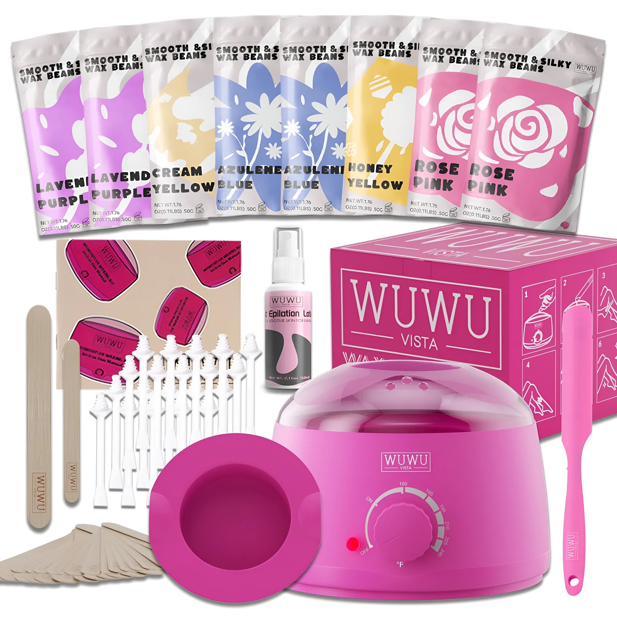 WUWUVISTA 63-piece waxing kit with black wax warmer, wax beads, applicator sticks, and lotion