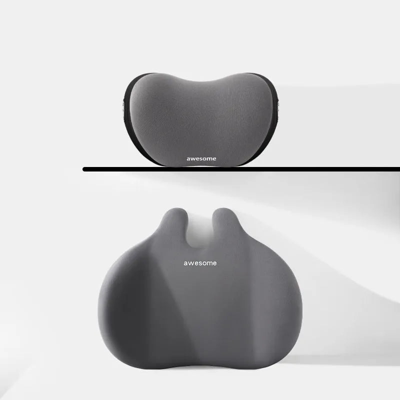 Black cloth headrest pillow and matching lumbar support pillow for car seats.