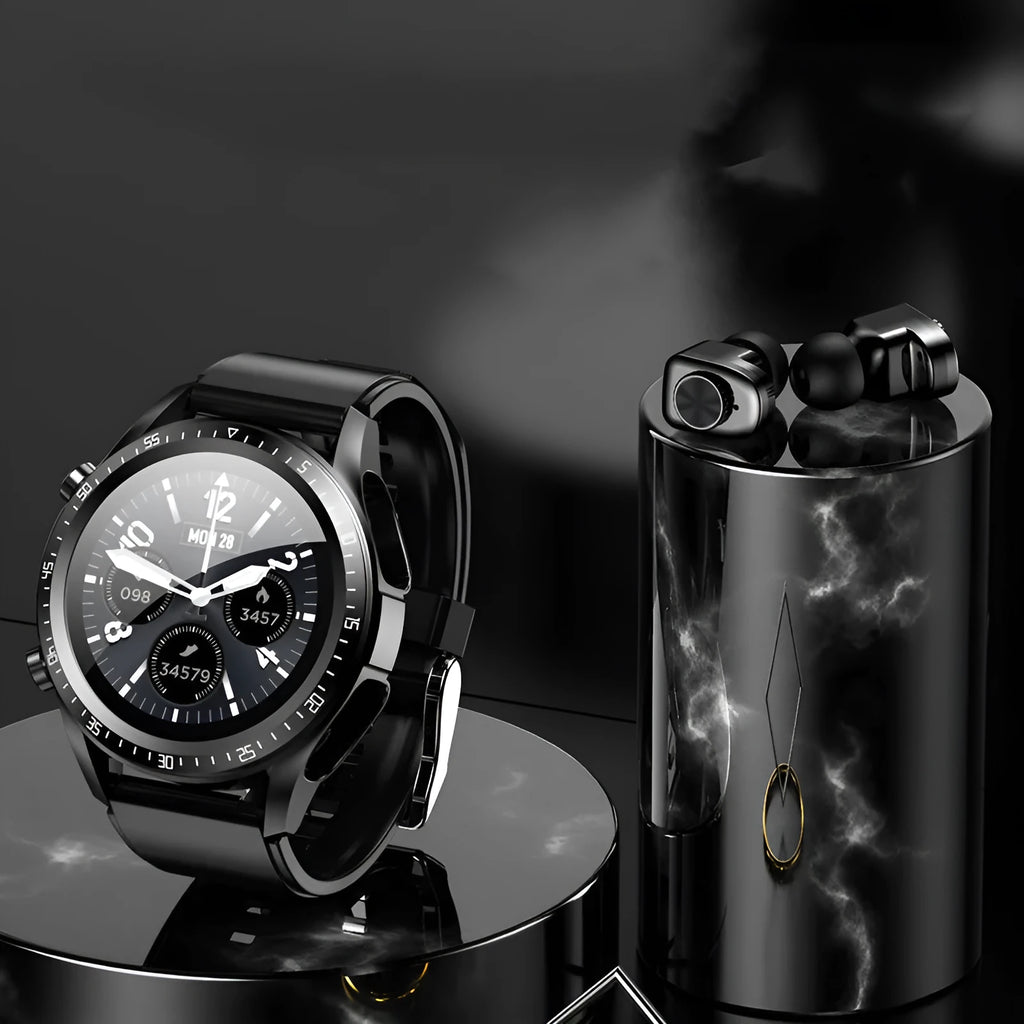 Black smart watch with stainless steel case, round dial, and separate smart bracelet call functionality
