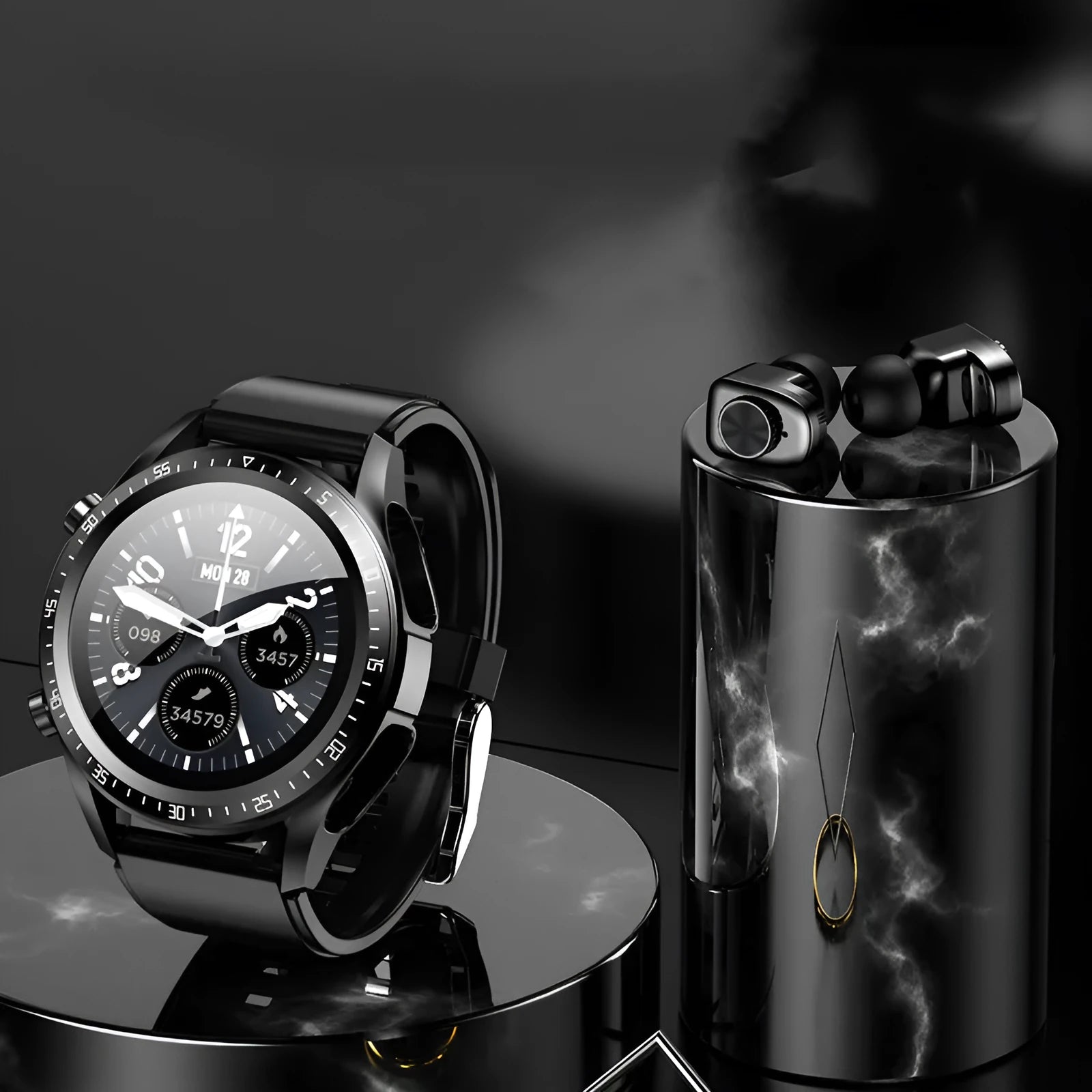 Black smart watch with stainless steel case, round dial, and separate smart bracelet call functionality