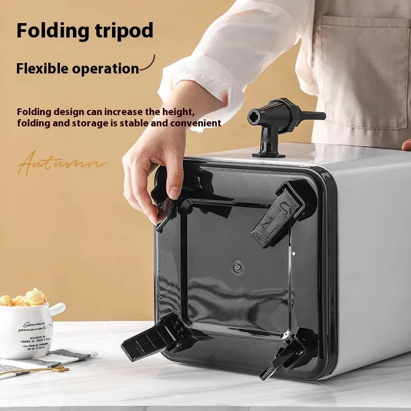 Silver stainless steel milk tea bucket with square lock lid showing 8 litre capacity