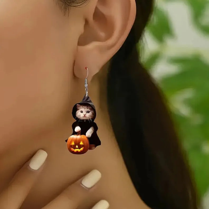 Handmade acrylic cat pumpkin earrings in Christmas style for women