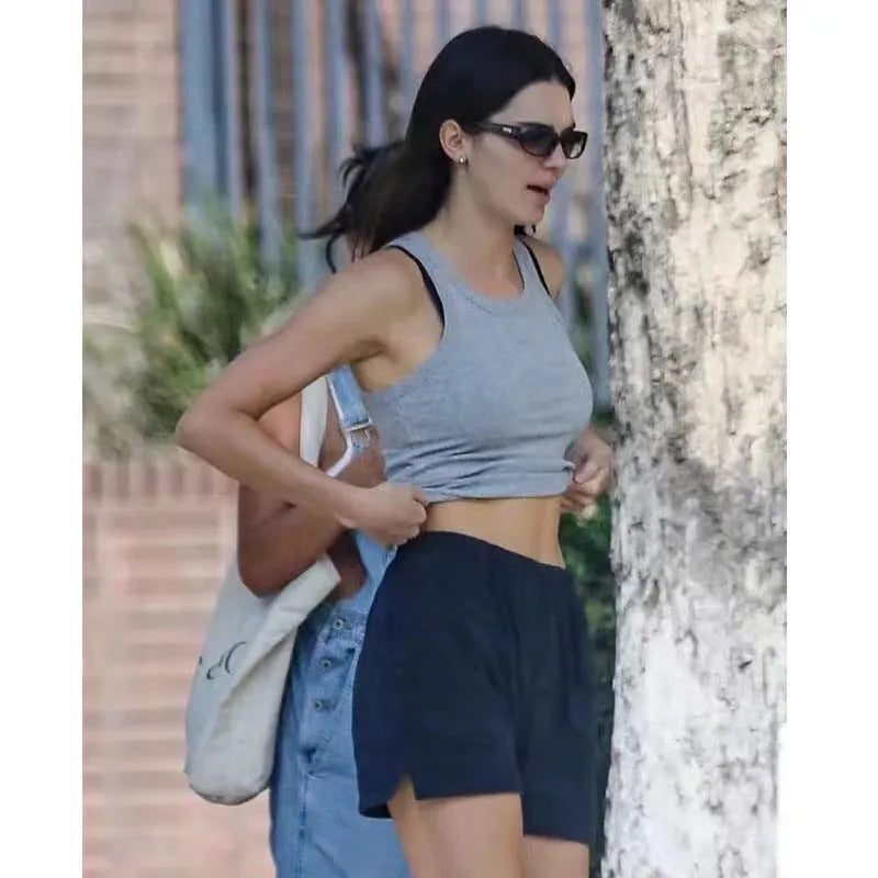 Women's dark blue cotton high top sports shorts with white flag embroidery and navy blue panels