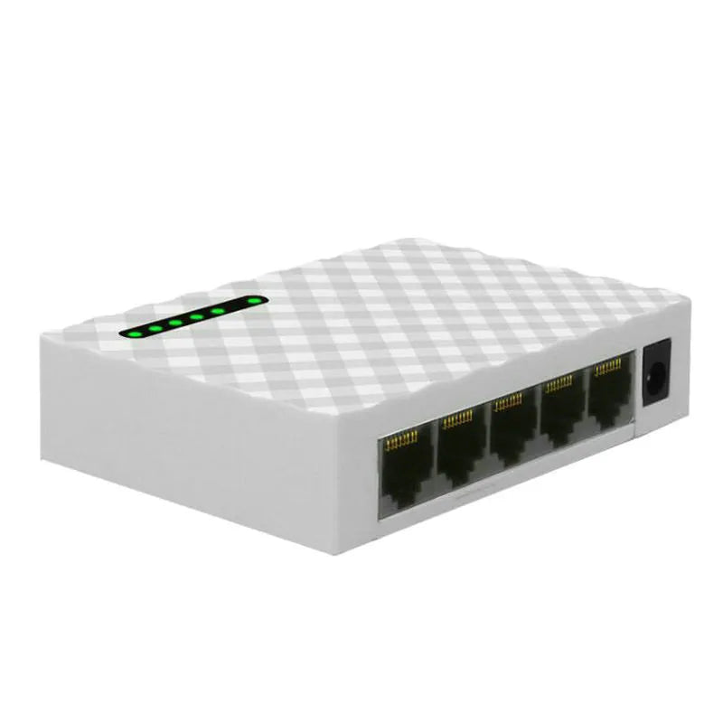 5-port Gigabit Ethernet switch in black with LED lights and RJ45 ports on front panel