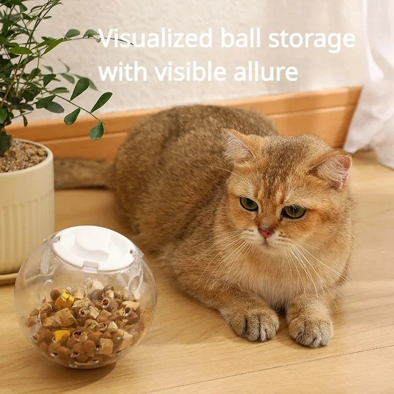 Blue slow feeding ball for cats with leak holes for gradual food dispensing