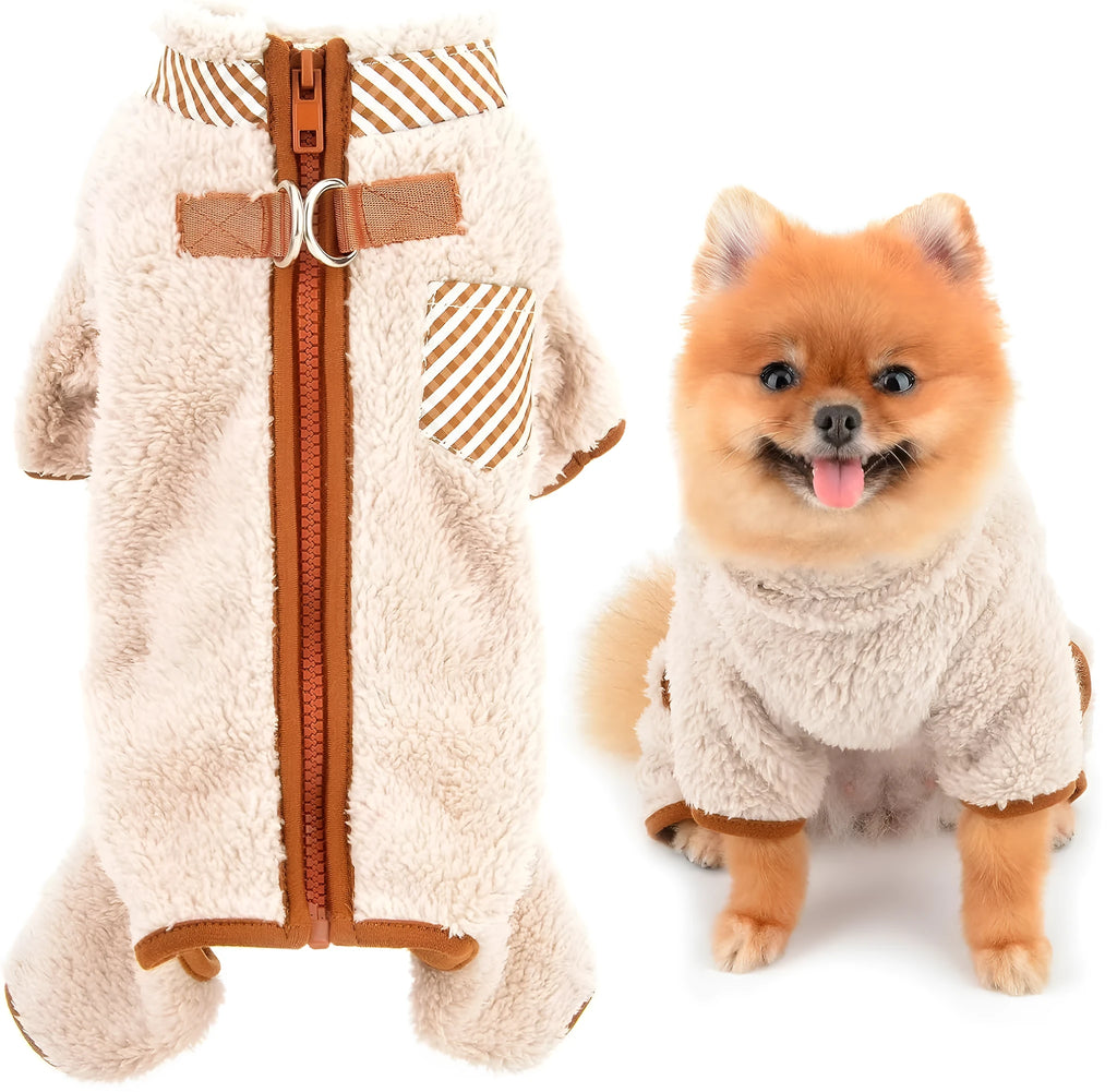 Green plush fleece dog jumpsuit with a back zipper on a small dog