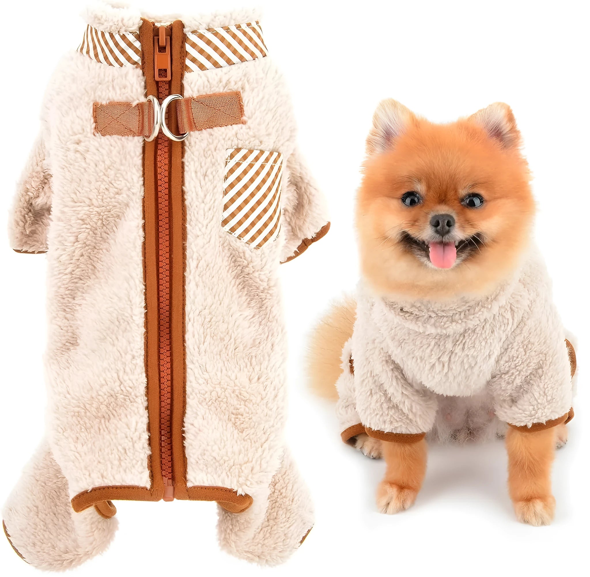Green plush fleece dog jumpsuit with a back zipper on a small dog