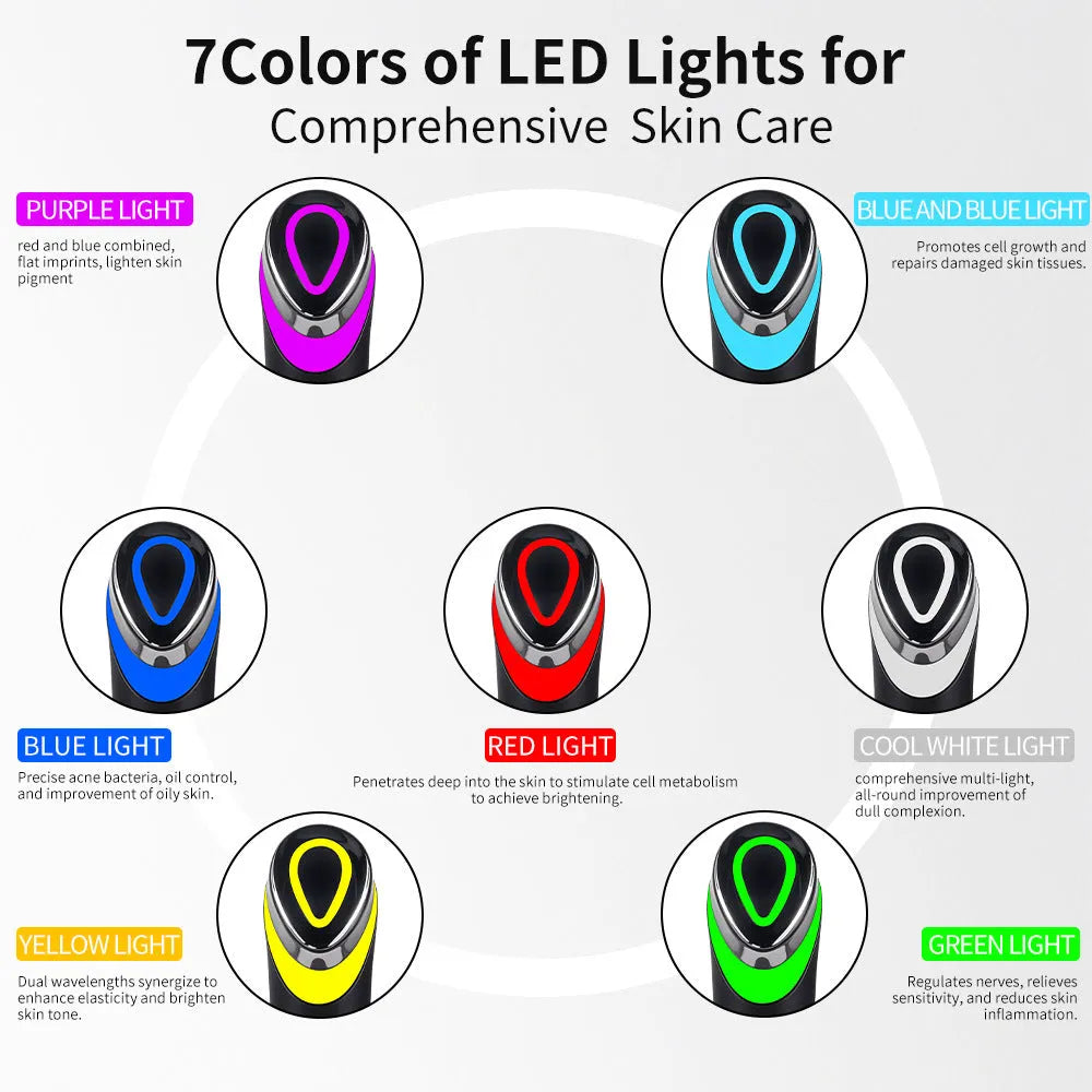 Black portable eye massager unit with light therapy and vibration functions on a neutral background.
