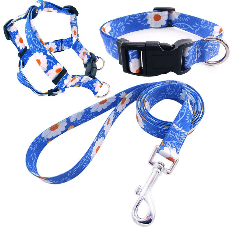 Printed polyester dog walking set with collar, adjustable chest strap and rope leash in multiple colour patterns