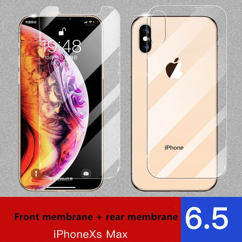iPhone 11 Pro Max tempered glass screen protector with rear film and front film options.