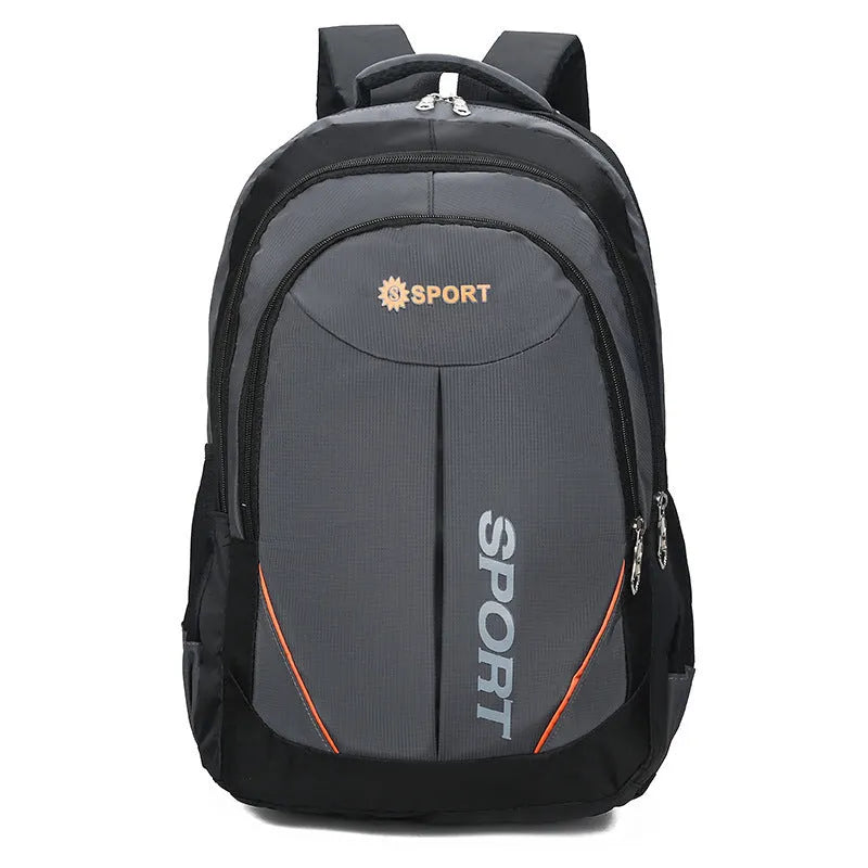 Large capacity men's backpack in black colour with curved shoulder straps and letter detailing