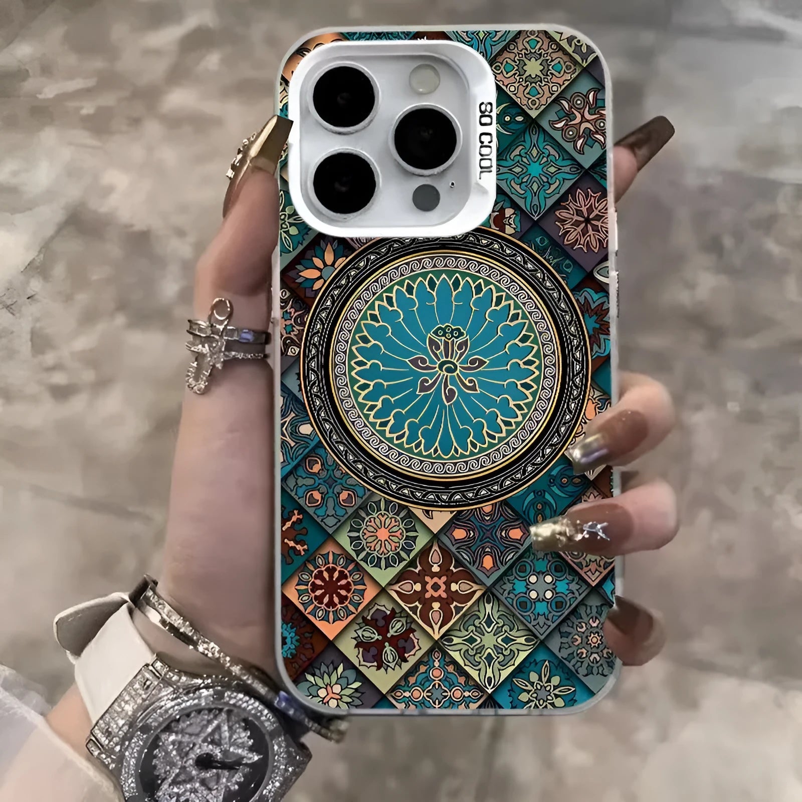 Ethnic pattern hard PC phone case for iPhone with matte anti-slip finish in silver colour