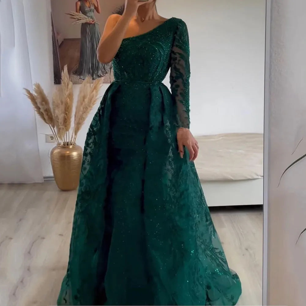 Women's slim-fit fishtail mesh shoulder long-sleeved dress in green with zipper detail on model