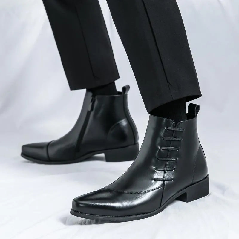 Men's large size high-top colour matching leather boots with side zipper in black and yellow