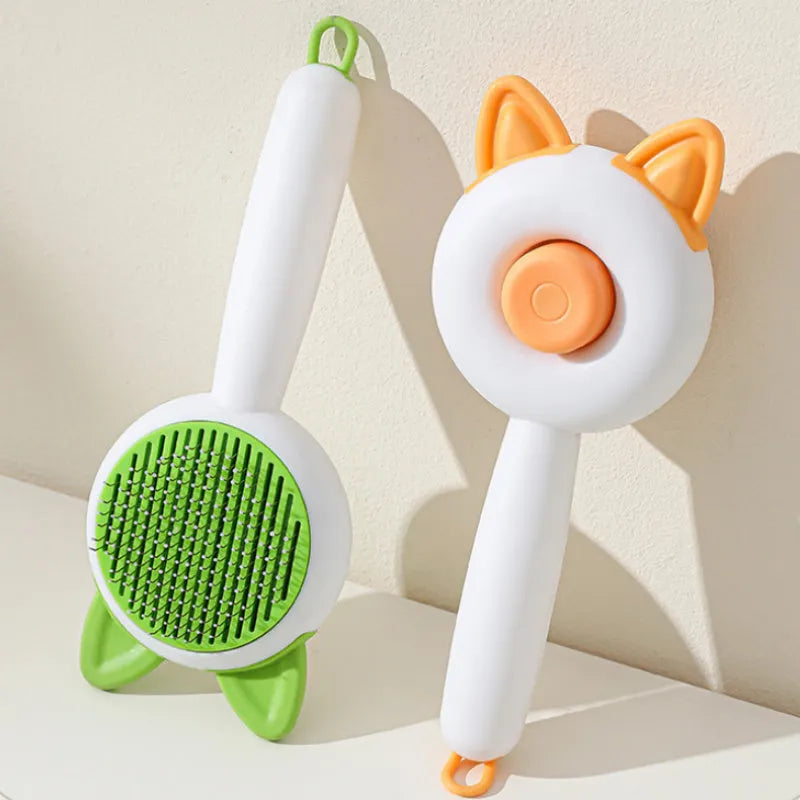 Self-cleaning cat grooming comb with stainless steel pins in greenish white colour