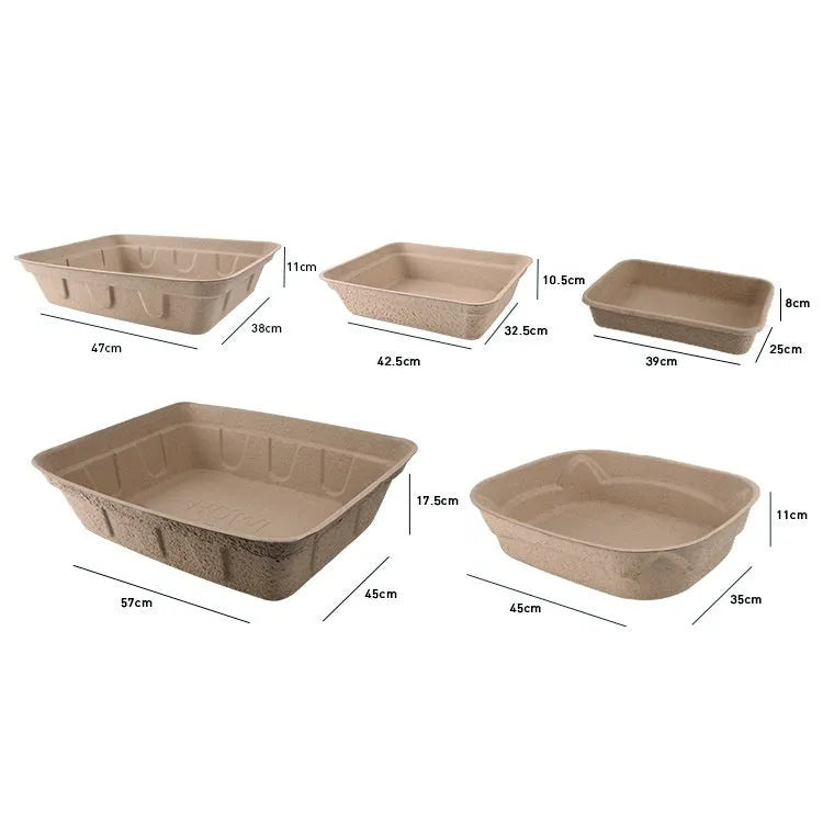 Brown disposable waterproof cat litter box with three size options shown side by side.