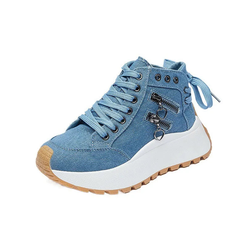 Women's Korean dad style canvas platform trainers in khaki with front lace-up and rubber sole