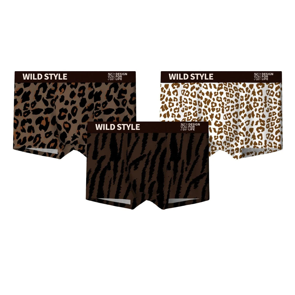 Men's leopard print ice silk underwear in mid waist design with polyester knit fabric