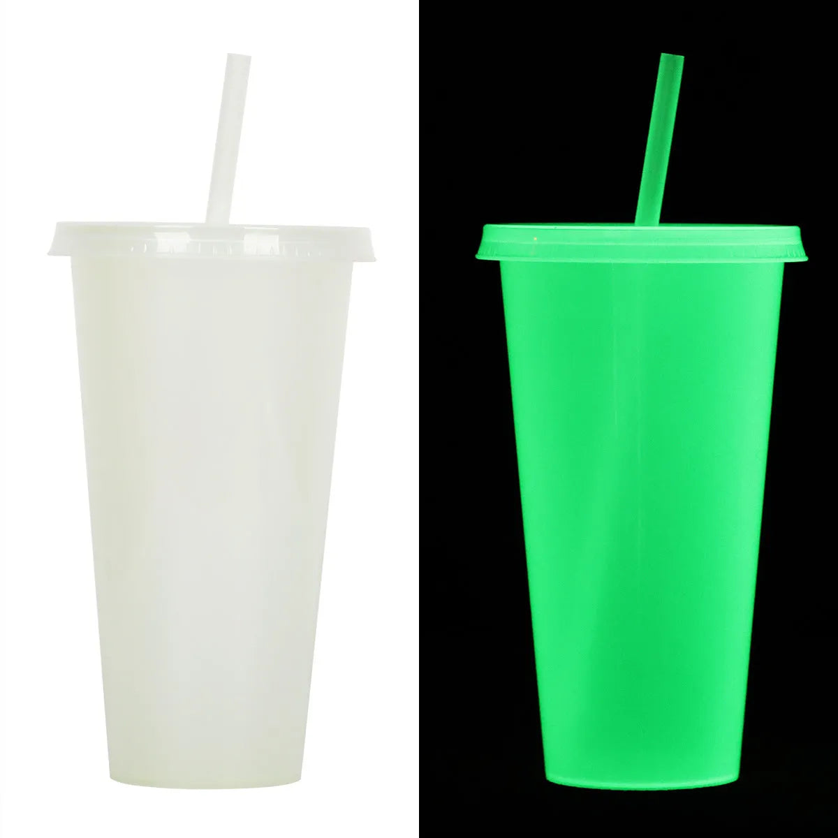 A tall 720ml luminous Halloween-themed plastic cup with a straw, showing colourful design.